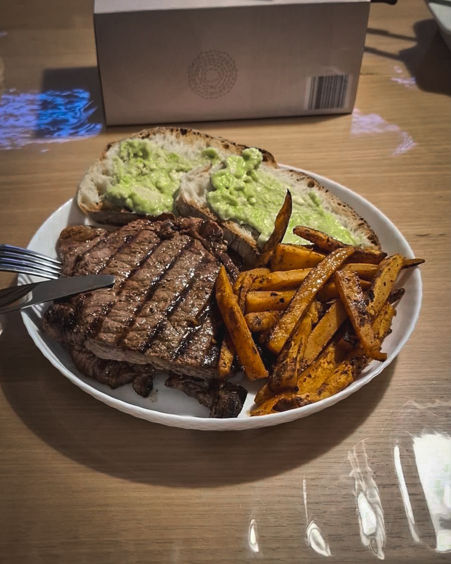 Steak, sourdough with avocado and sweet potato fries
